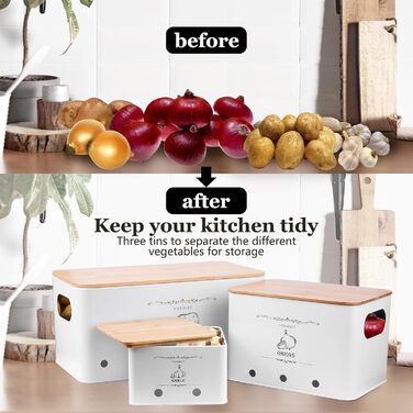 Набір контейнерів для зберігання картоплі, цибулі та часнику (3 шт.), бамбуковий кришка, білий