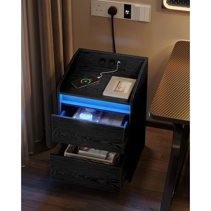 Комплект приліжкових тумб Hzuaneri з LED-підсвіткою, USB-зарядкою та розетками, 2 шухляди, чорний, для спальні та вітальні