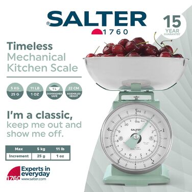 Механічні кухонні ваги Salter SA00562SFEU12 Timeless ємність 5 кг, чаша, яку можна мити в посудомийній машині 1 л, ваги для випічки, класичний дизайн, великий циферблат, що легко читається, висота 22 см, шавлія