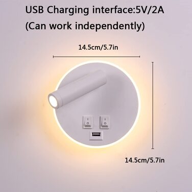 Приліжкова лампа TWSXTE, поворотний настінний світильник для спальні з USB-зарядкою, світильник для читання в спальні, 3000 КБ (3 Вт 10 Вт) (Usb круглого білого кольору)