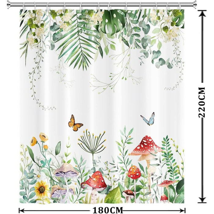 Штора для душу 180x220 см, Антигрибкова, з тропічним дизайном (пальмові листя, евкаліпт, гриби), водонепроникна, поліестер, для ванної кімнати, з 12 гачками, зелена