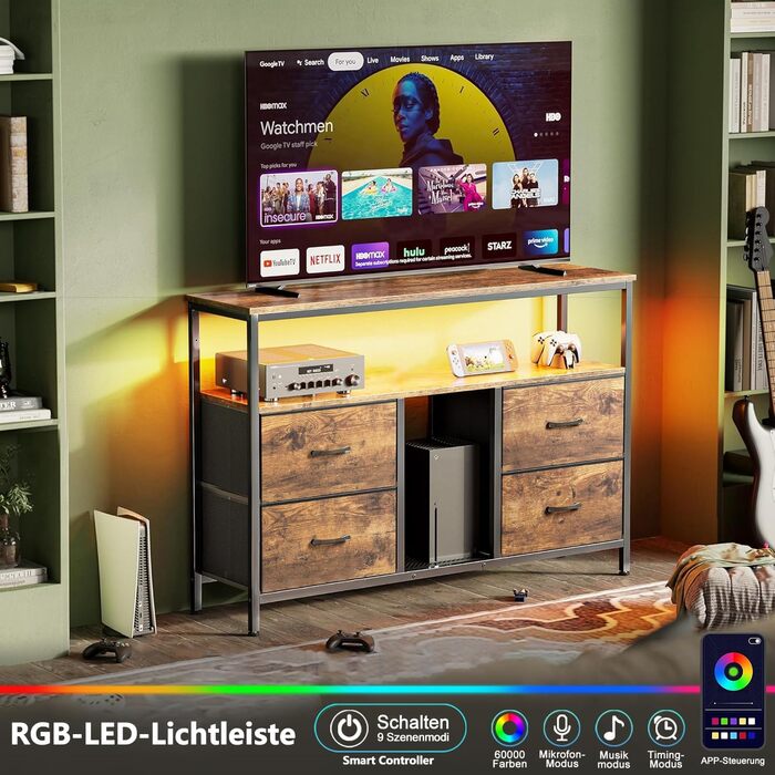 Телевізійна тумба Ravas для телевізорів до 60 дюймів з LED-підсвічуванням та 4 шухлядами (108x30x78 см, Коричнева)