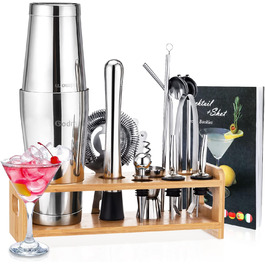 Набір для коктейлів Boston Cocktail Set 16 предметів з нержавіючої сталі, професійний, 600/450 мл, з аксесуарами для бару, бамбуковий підставка, подарунковий набір