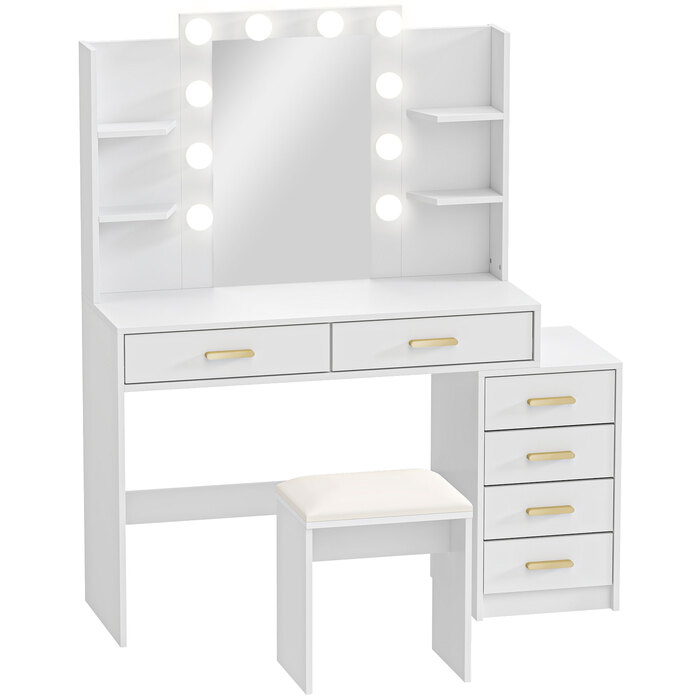 Туалетний столик з підсвічуваним дзеркалом та м'яким пуфом, туалетний столик з 6 висувними ящиками та полицями, білий