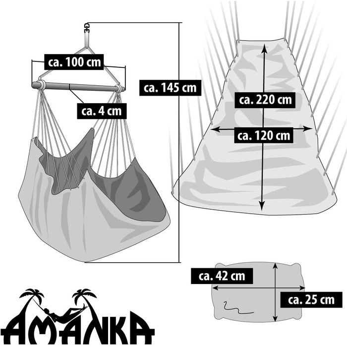 Підвісне крісло AMANKA XXL Lounger з боковим відділенням та подушкою - 220x120см Відкритий гамак до 150кг (бежевий)