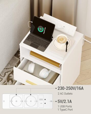 Комплект приліжкових тумб Hzuaneri з LED-підсвіткою, USB і Type-C портами, замком, 2 ящиками та відкритою полицею, білий для спальні та вітальні