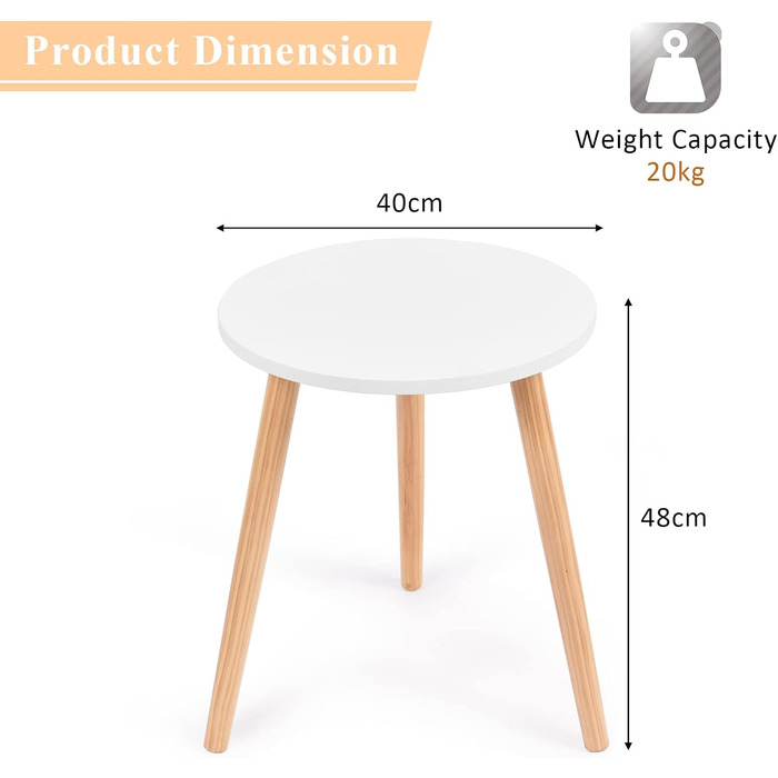 Журнальний стіл круглий, Дерев'яний журнальний столик, Стіл для вітальні Журнальний столик на 3 ніжках, Маленький чайний столик Квітковий стілець для вітальні, Спальні, Балкона, 40 x 40 x 48 см, Білий
