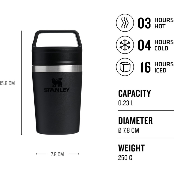 Термокружка Stanley Cafe To Go - 0.23L, чорна - нержавіюча сталь, 4 години тепла, 5 годин холоду
