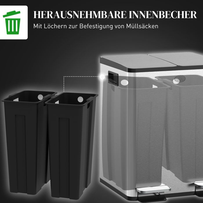 2 відра для сміття об'ємом 20 літрів, з педальним відкриванням, легко миються, з нержавіючої сталі та пластику, срібного кольору