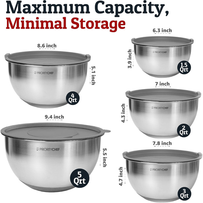 Набір міксерів PriorityChef з нержавіючої сталі з кришками, 3 насадки-терки, герметичні кришки, силіконова антиковзаюча основа, великі кухонні миски для приготування їжі, зелений (сірий)