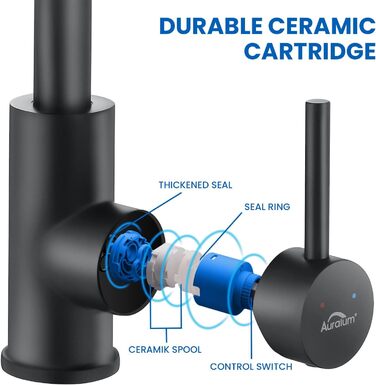 Чорний змішувач для ванної/кухні Auralum з поворотним гусаком 360°, з нержавіючої сталі, з підключенням 60 см, однорідний
