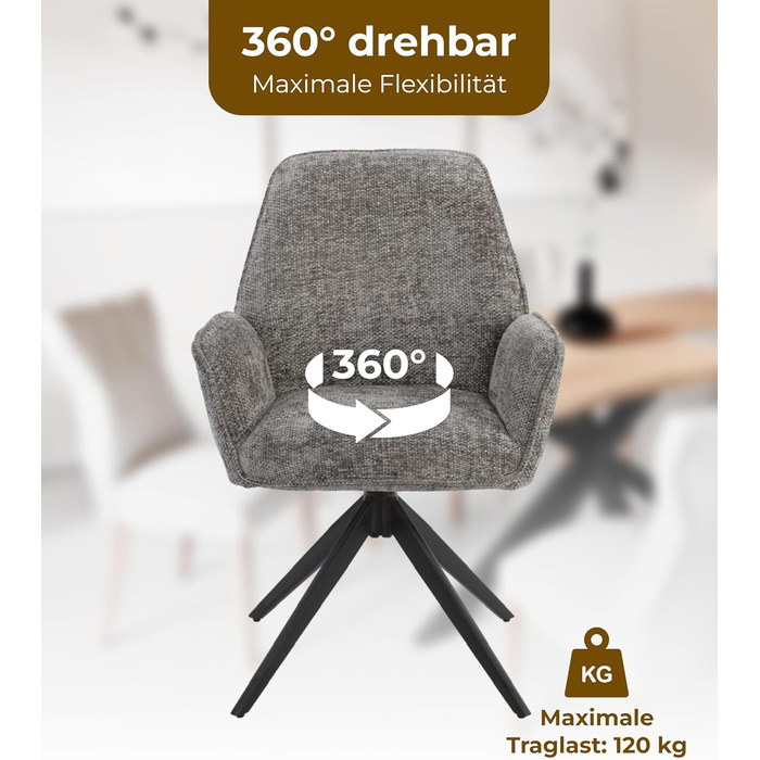 Обідні стільці 2 шт. темно-сірого кольору – поворотні на 360° з м'яким велюровим покриттям – функція повернення з пружинним механізмом – сучасний дизайн та легка збірка – без PFC та сертифіковані Oeko-TEX®