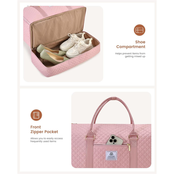 Сумка-органайзер для одягу LOVEVOOK для жінок, 53L, рожева: валіза, дорожня сумка, органайзер для взуття, набір 2 шт.