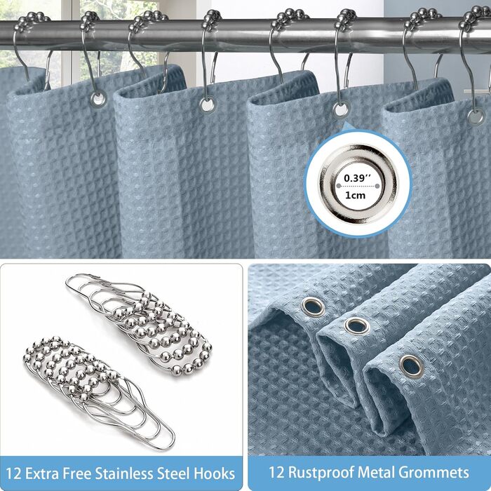 Шторка для душу з льону з металевими кільцями, сіра, 182 x 214 см. Тканинна шторка для ванни, водовідштовхувальна, антигрибкова, для ванної кімнати