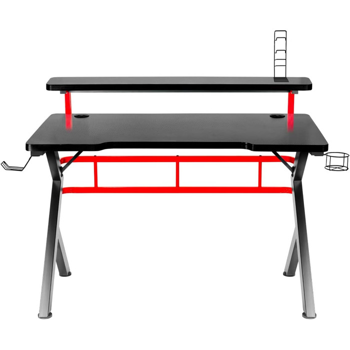 Білий Ігровий стіл Письмовий стіл Комп'ютерний стіл Офісний стіл 120х60 см Підставка для монітора Підстаканник для навушників Дві кабельні втулки Карбонова стільниця Геймер (Чорний-червоний), 5.0