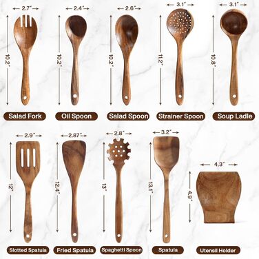 Набір кухонних аксесуарів з дерева (10 шт) з підставкою, лопатки, половники, половники для супу, ложки для салатів, виделки та ложки для салатів, набір кухонних аксесуарів з текового дерева, подарунок для кухарів та дому