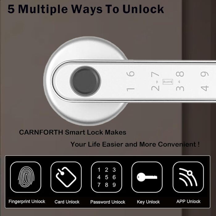 Розумний замок з відбитком пальця Smart 5-в-1: App-керування, відбиток пальця, IC-карта, пароль, запасний ключ. Електронний цифровий замок для дверей. Підходить для розумних дверей срібного кольору.