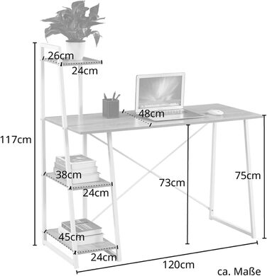Полиця Стіл Дуб Вигляд Білий Металеві ніжки Комп'ютерний стіл Офісний стіл Робочий стіл Стіл для ПК Стіл світло-коричневий, 1
