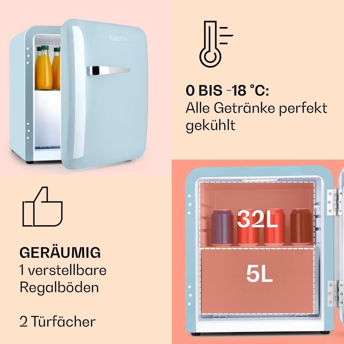 Klarstein Mini-холодильник з морозильною камерою, 32/37 л, для напоїв та косметики, ретро-дизайн, тихий, для кімнати, 2-в-1, енергоклас E, пастельно-блакитний