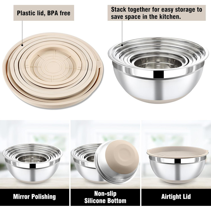 Набір місок для перемішування BEWOS 7 шт. з кришкою, нержавіюча сталь, з терткою, вкладна конструкція, розміри 0.5, 1, 1.4, 1.85, 2.35, 3.2, 4 л для змішування та подачі