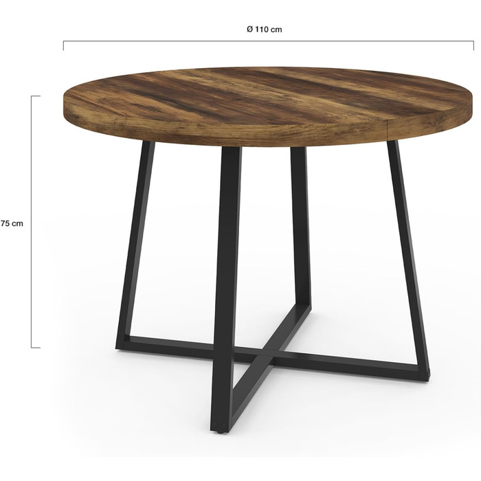 Обідній стіл Selma, круглий, на 4-6 осіб, темне дерево Hawkins та чорний колір, 110 см