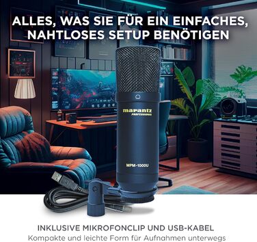 Мarantz Professional MPM-1000U - Конденсаторний мікрофон з великою мембраною, USB, з нирковою характеристикою для подкастів, студії, геймінгу. Комплектується кабелем USB та кліпсою для мікрофона.