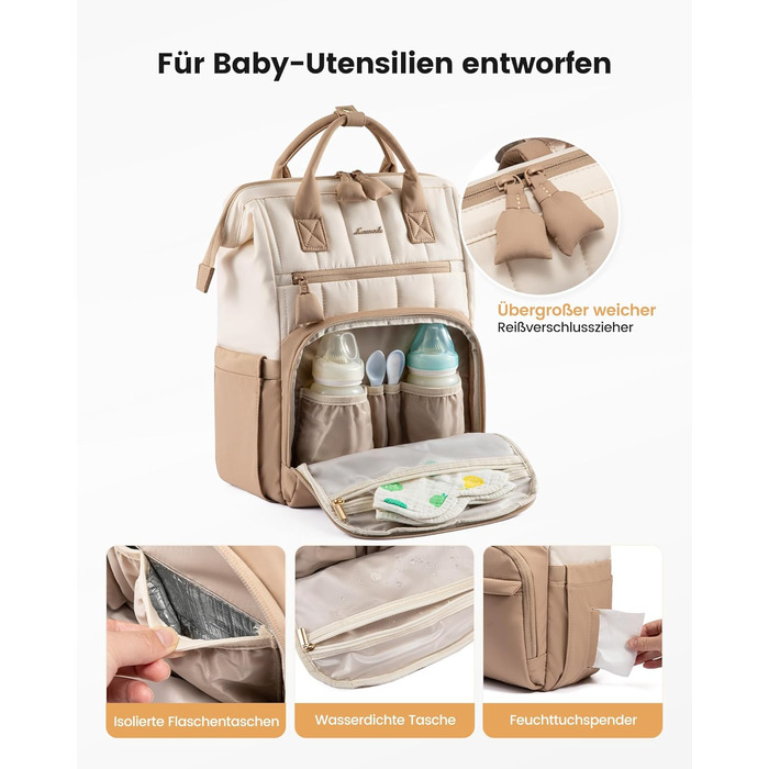 LOVEVOOK Рюкзак-переноска для мами та тата, рюкзак-пеленальник, сумка для підгузків, водонепроникна, з пеленальною підкладкою, з ременями для дитячої коляски, Khaki-beige