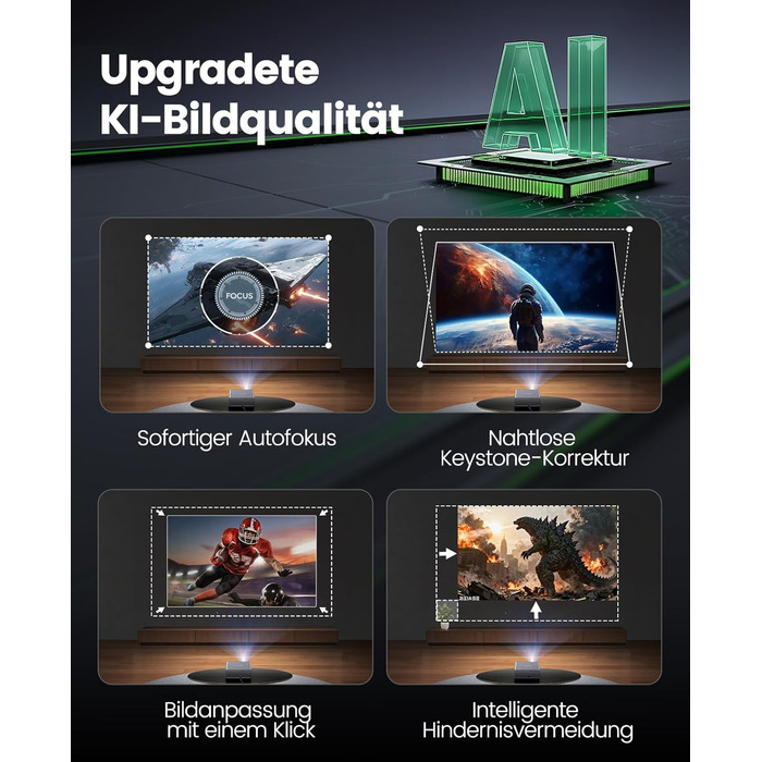 4K проєктор Smart Beamer з Netflix, Dolby Audio, 1000 ANSI люмен. Підтримка автофокусу, корекції трапеції 6D, WiFi 6/Bluetooth. Підходить для Android/iPhone, для дому та на вулицю. Чорний.