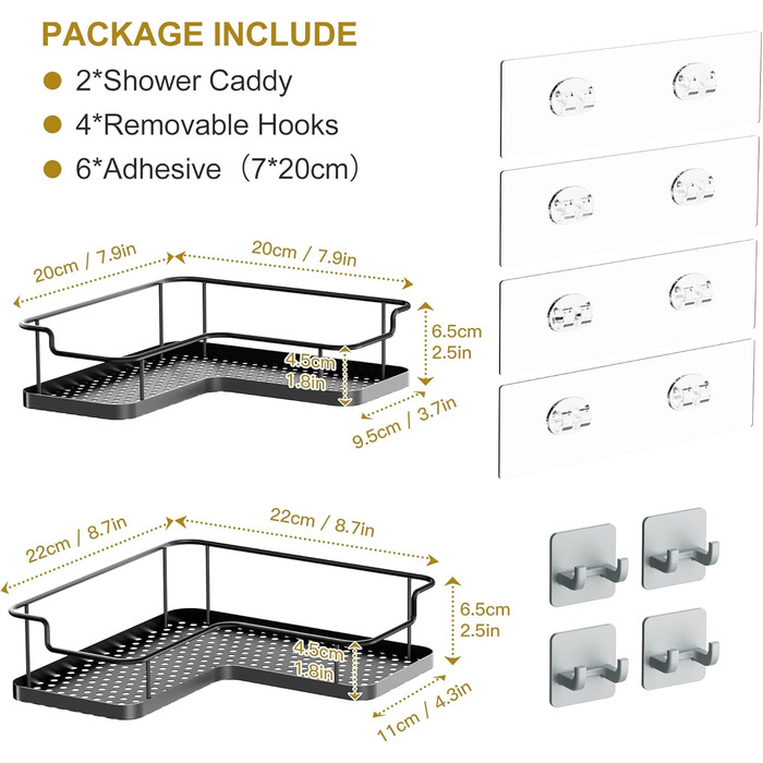 Полиця для душу Orimade без свердління, кутова, мильниця з 4 гачками та 6 клеєм, чорна, 2 шт. и