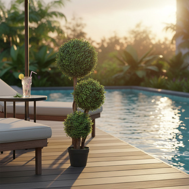 Штучна куля букса, трикульна, декоративна рослина. Штучна рослина з дерев'яним стовбуром у горщику, 30 x 30 x 100 см, зелена.