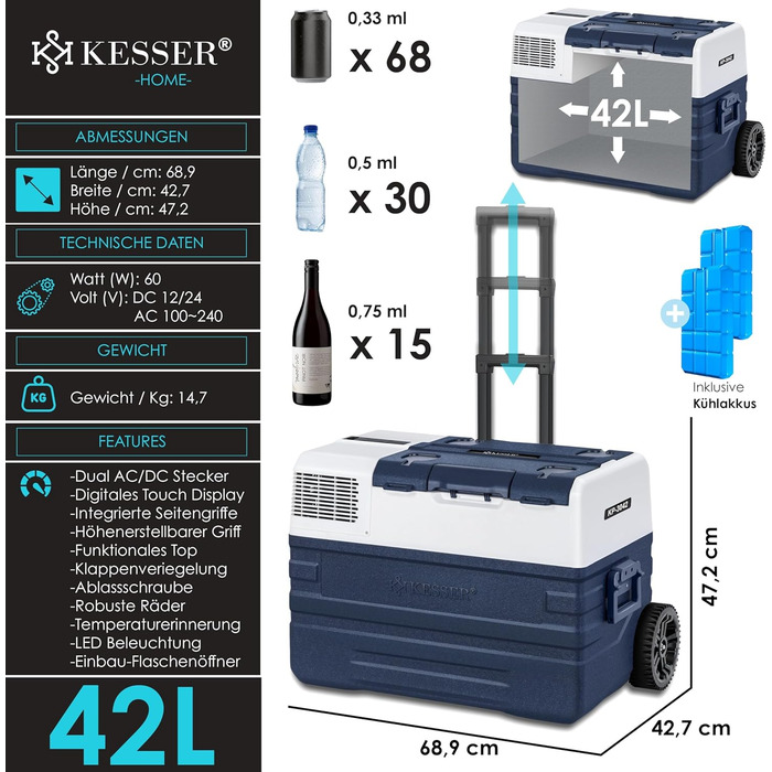 Автомобільний компресорний холодильник KESSER 42L з Wi-Fi, 12/24/230V. Морозильна камера до -20°C, колеса, телескопічна ручка для кемпінгу, фургону, вантажівки + 2 акумулятори холоду 42л, темно-синій