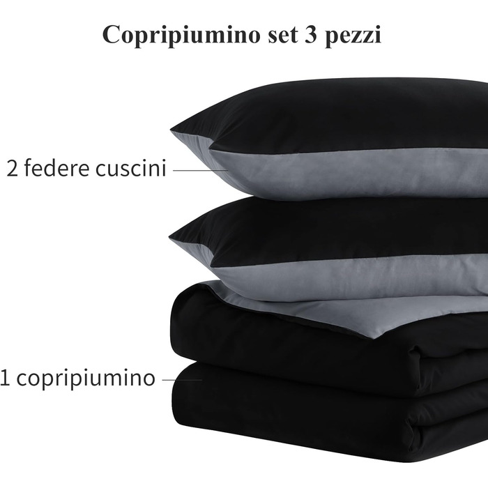 Айсбо 3 шт. Двостороння підодіяльник Антрацит/Сірий, Підковдра 200x200, Наволочка 50x80, Чорний/Сірий