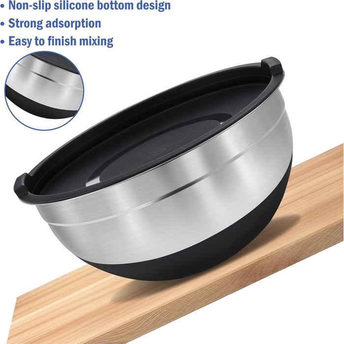 Набір міксерів BEWOS 7 шт. з кришкою, нержавіюча сталь, різні розміри, з терткою, антиковзаюче дно, чорний