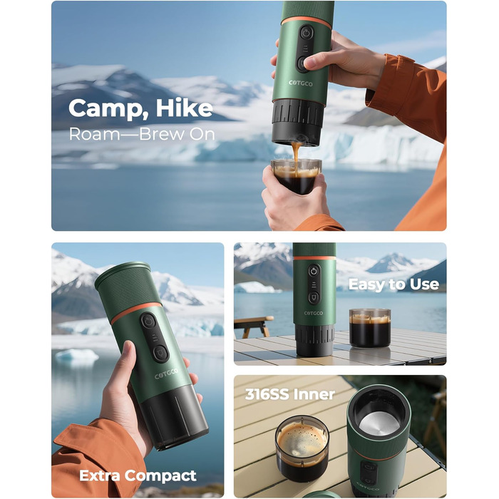 Портативна кавомашина для еспресо COTGCO 20 bar з акумулятором 13500mAh | Сумісна з Nespresso | Для кемпінгу, авто, офісу (зелена)