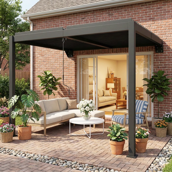 Пергола приблизно 3x3 м, алюмінієвий дах для тераси з регульованими ламелями, кріплення до стіни, темно-сірий