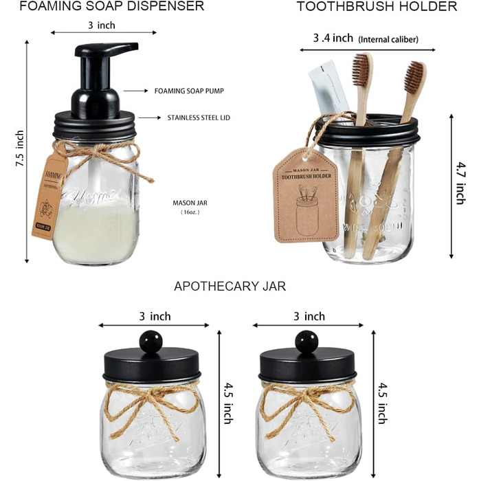 Набір для ванної кімнати Mason Jar (6 шт. ) - дозатор для мила, тримач для зубних щіток, тримач Qtip, сільський (чорний)