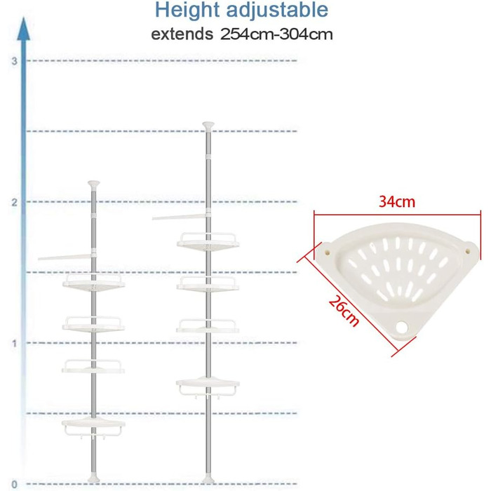 Полиця для душу THINFAR, полиця для ванної з 4 піддонами, душова кабіна, свердління не потрібно, телескопічна душова кабіна з нержавіючої сталі з регульованою висотою 110-280 см (4 ступені, 254-304 см, білий)
