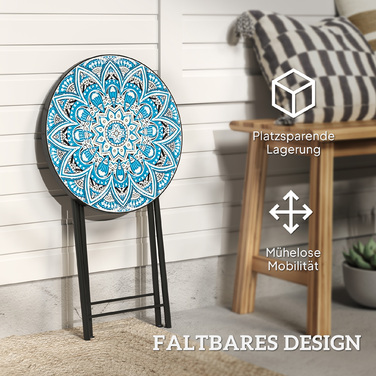 Outsunny Side Table Складаний садовий стіл з мозаїчним дизайном, Ø35,5 x 55 см Круглий стійкий до погодних умов металевий балконний стіл, Кемпінговий стіл Розкладний стіл Журнальний столик для вітальні, офіс, Відкритий Внутрішній, Синій, Синій