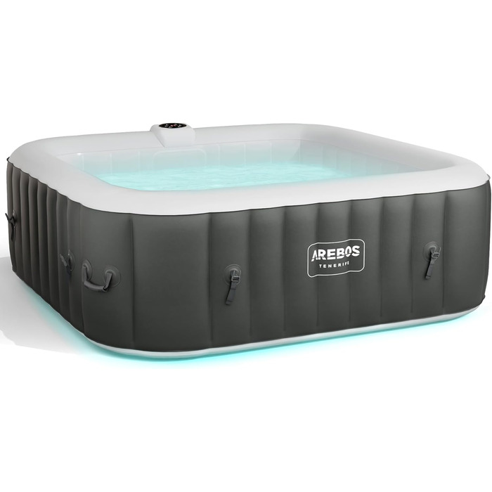 Надувний гідромасажний басейн-спа Arebos Spa Whirlpool 2400 Вт для 6 осіб, 185x185 см, 130 масажних форсунок, LED-підсвітка, 910 л, з кришкою