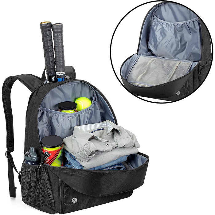 Тенісний рюкзак DSLEAF, Тенісна сумка на 2 ракетки з м'якими плечовими ременями і окремий вентильований відсік для взуття для чоловіків і жінок (чорний)