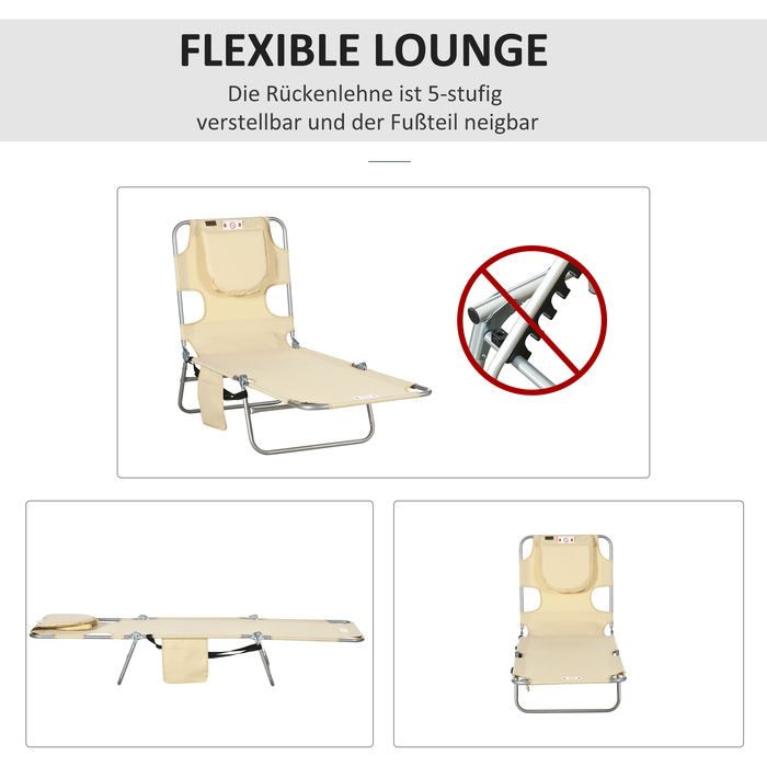 Шезлонг для саду з підголівником, масажний шезлонг для відпочинку на відкритому повітрі, з кишенею збоку, виготовлений з тканини та металу, бежевого кольору.