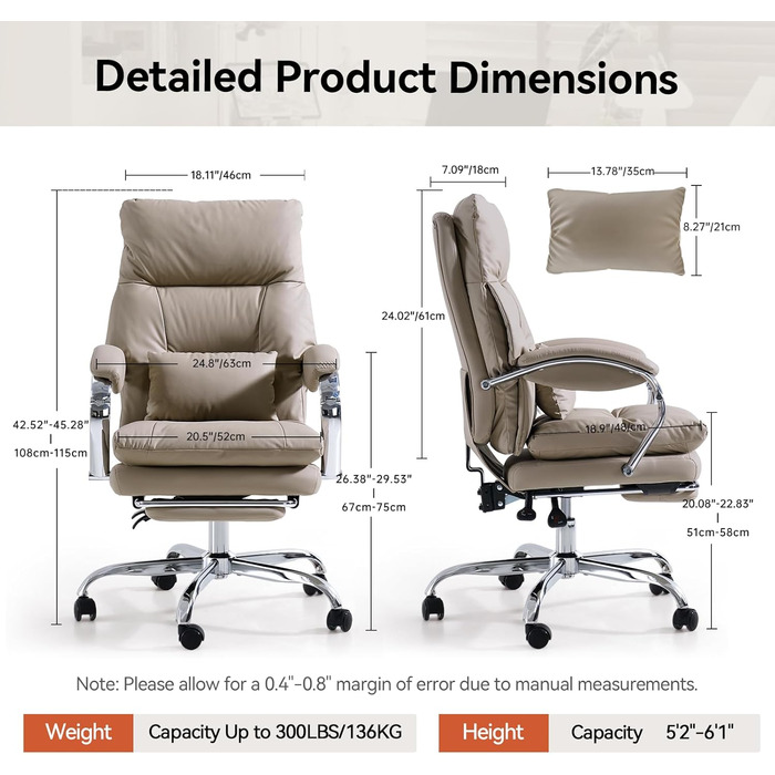 Офісний крісло EMIAH з підніжкою: ергономічний крісло для офісу та дому, з PU шкіри, підніжкою, підлокітниками та колесами. Підходить для роботи за комп'ютером та ігор. Колір: хакі. Без функції масажу.