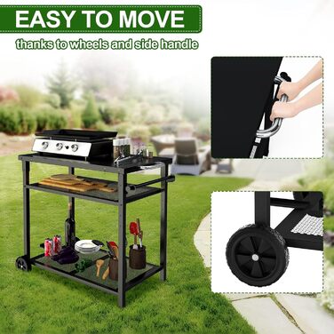 Металевий сервіровочний візок для гриля з 3 ярусами, 85 x 51 см. Підходить для планки, гриля, барбекю. Водонепроникна робоча поверхня.