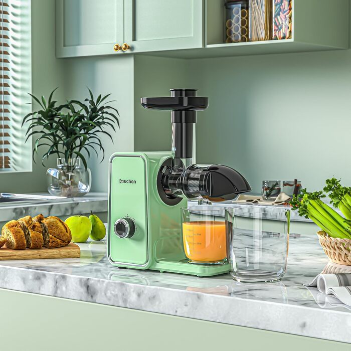 Мюхен Соковитискач Slow Juicer для овочів та фруктів з функцією реверсивного жування, легке очищення, тихий, безпечний та ефективний (зелений)