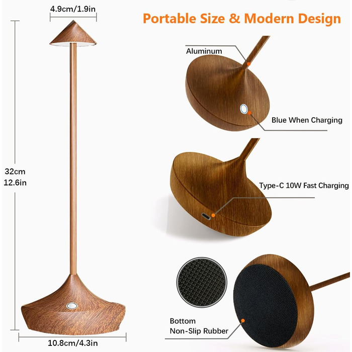 LED настільна лампа Hapfish 2 шт. на акумуляторі, бездротова, диммувана, водонепроникна, для дому та вулиці, матеріал: алюміній, колір: коричневий (2шт)