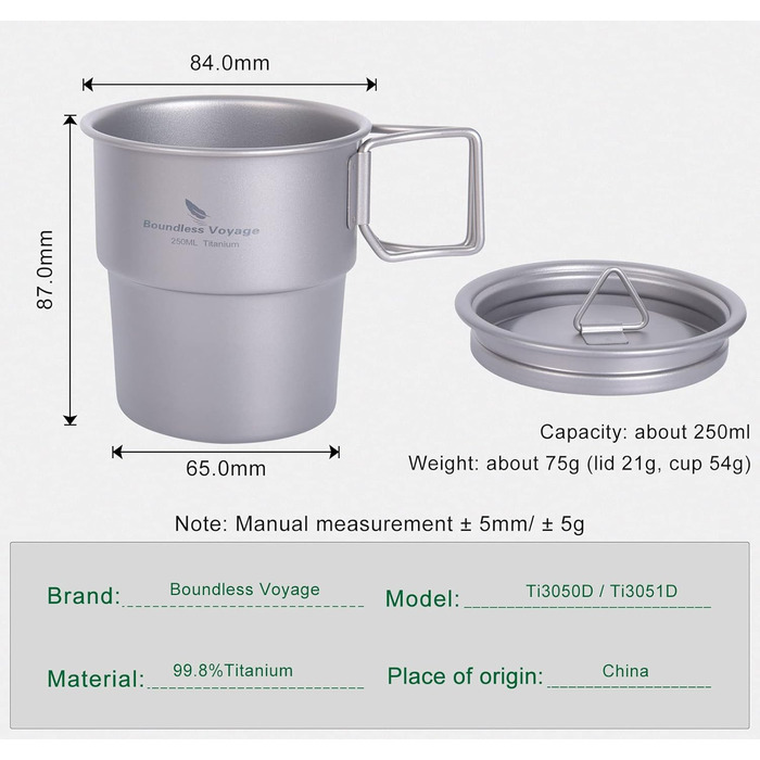Безмежна подорож Титанова кавова кружка 250 мл Пивний кухоль для кемпінгу на свіжому повітрі Походи Пікнік Приготування їжі на відкритому повітрі Ti3050D (без кришки) (кришка для чашки)