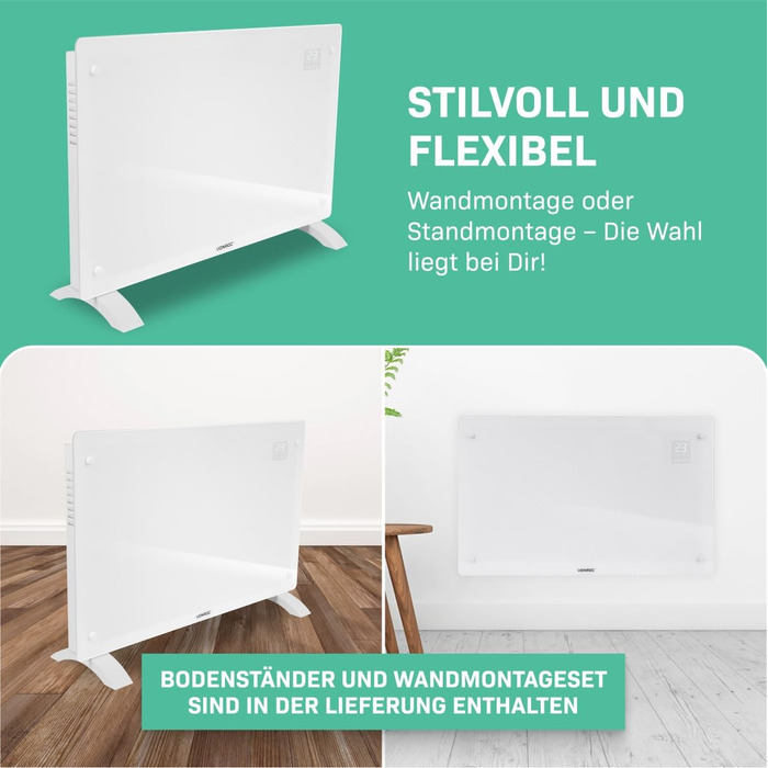 Електричний конвекторний обігрівач VONROC 2000W - для кімнат до 24м² - настінний/підлоговий монтаж - ручне/APP керування, білий