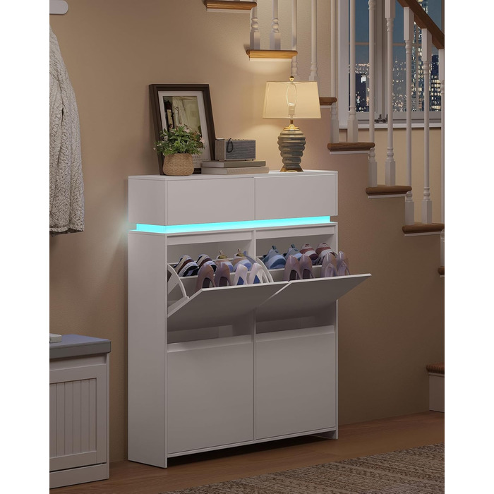 Взуттєва шафа Hzuaneri з 4 стулками, вузька, з LED-підсвічуванням, регульована перегородка, на 20 пар, 100 x 119 x 24 см, для передпокою, біла SR53603XEU