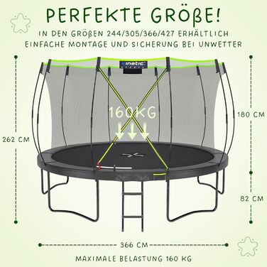 Батут Kinetic Sports 'Ultimate Pro' Ø366 см для дітей з драбиною та захисною сіткою - чорно-неоново-зелений