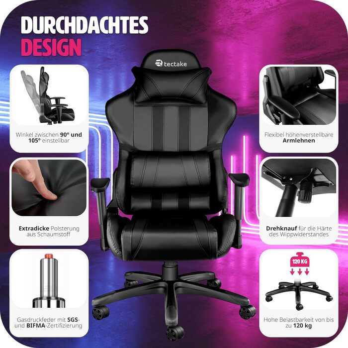 Офісне крісло Tectake, ігрове крісло з регульованими спинками та підлокітниками, крісло з подушкою для шиї та поперековою підтримкою, офісне крісло з регулюванням висоти ергономічне, ігрове крісло з можливістю обертання на 360 - чорний/червоний (Black Bla